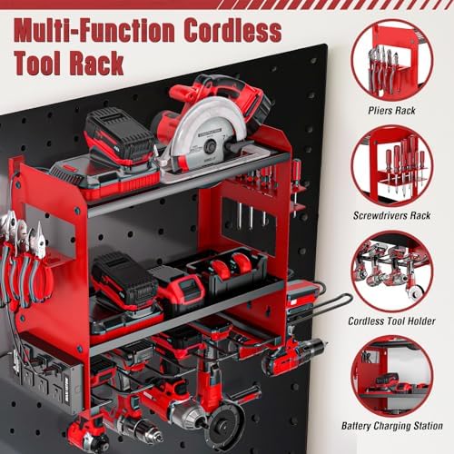 YYR Power Tool Organizer Wall Mount with Charging Station, Cordless Tools Hanger and Battery Storage Rack for Garage Organization, Heavy Duty Drill Holder Shelf Build in Metal Power Strip - Red - Image 6