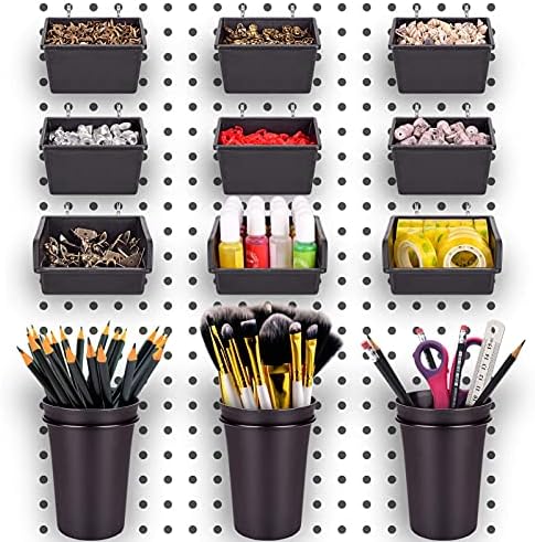 Pegboard Bins Cups with Hooks & Loops 12 Pack Peg Board Organizer (Black) by GCORE
