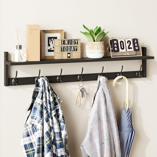 BAMEOS Wall Hooks with Shelf 35 Inch Length Entryway Hanging Shelf Wood Coat Hooks Wall-Mounted Coat Hook Rack with 7 Dual Hooks for Bathroom, Living Room, Bedroom (Black) by BAMEOS