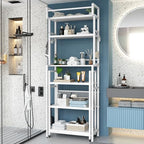 Recaceik 6-Tier Over The Toilet Storage Shelf with Cart, Freestanding Above Toilet Shelf Rack, Farmhouse Bathroom Organizer Shelves, Space Saver (White) - Image 3