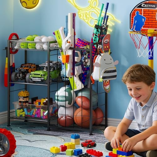 Sports Equipment Organizer, Ball Storage Rack with Elastic Straps and Removable Basket for Garage Organization, Garage Organizer with Hooks for Toy Sports Gear Storage, Sports Ball Storage Cart, Black - Image 5