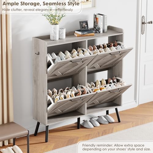 Nicetree Shoe Cabinet with 4 Flip Drawers, Freestanding Shoe Organizer Cabinet, Farmhouse Narrow Shoe Storage Cabinet for Entryway, Foyer, Hallway - Image 5