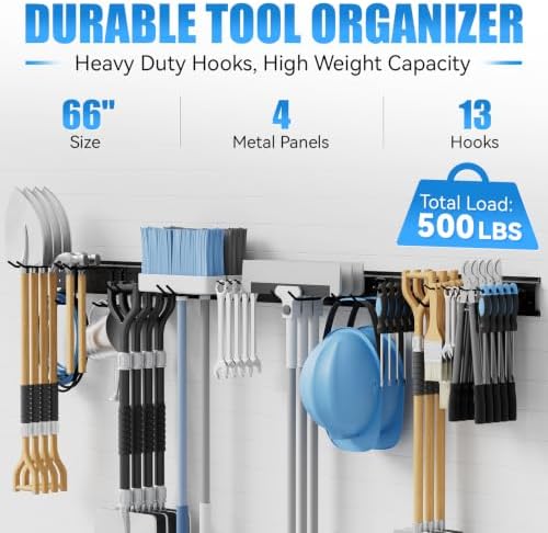 66" Garage Tool Organizer Wall-Mounted, Heavy Duty Garage Wall Organizer with 13 Adjustable Hooks, Garden Tool Storage Rack, Holds Up to 500 lbs - Image 2