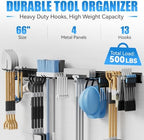 66" Garage Tool Organizer Wall-Mounted, Heavy Duty Garage Wall Organizer with 13 Adjustable Hooks, Garden Tool Storage Rack, Holds Up to 500 lbs - Image 2