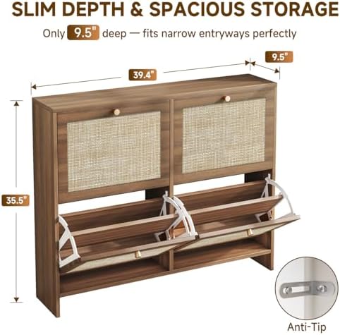 Nicetree Shoe Cabinet Storage for Entryway, 4-Flip Drawer Narrow Shoe Rack with Adjustable Shelves, Boho Modern Square Rattan Shoe Organizer, Slim Wood Storage Cabinets for Small Spaces Fits Size 13.5 - Image 2