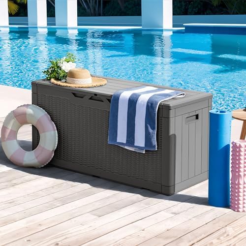 Greesum 100 Gallon Resin Deck Box Large Outdoor Storage, Imitation Rattan Weave Texture for Patio Furniture, Garden Tools, Pool Supplies, Weatherproof and UV Resistant, Lockable, Gray - Image 3