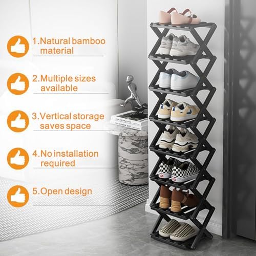 Vertical Narrow Shoe Rack Black, 7 Tier Portable Folding Shoe Storage Rack, Without Installation Free Standing Shoe Rack for Corridors, Bedrooms Living Room Corner and Small Spaces - Image 4