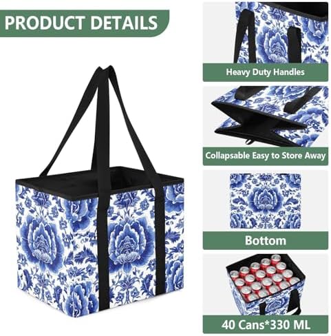 Trunk Organizer Collapsible Car Organizer with Handle Car Storage Box Bin for Groceries SUV Utility Tote Bag Portable Vehicle Container Blue and White Flowers Tile - Image 3