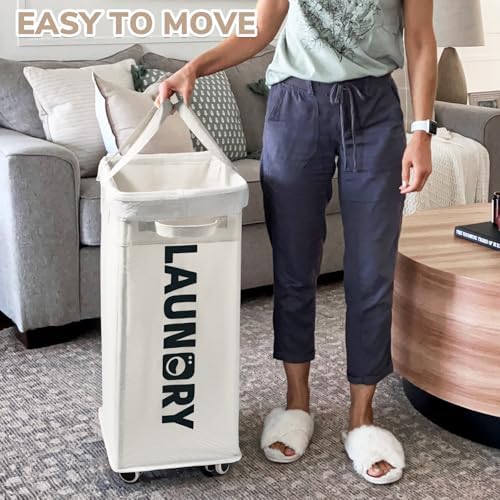 CHICVITA 75L Collapsible Laundry Basket with Wheels & Wash Bag, White - Image 6