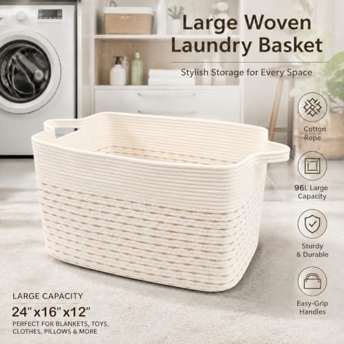 65L Large Laundry Basket with Handles,Woven Blanket Basket,Yellow - Image 5