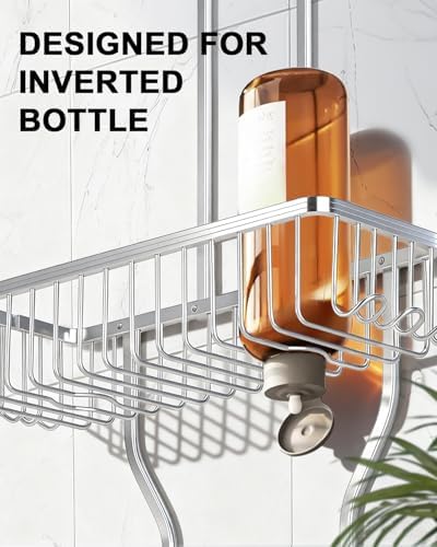 Shower Caddy Hanging - Never Rust Shower Hanging Organizer - Aluminum Over the ShowerHead Caddy with Soap Basket and 6 Hooks for Razor/Sponge (Shiny Silver) - Image 5