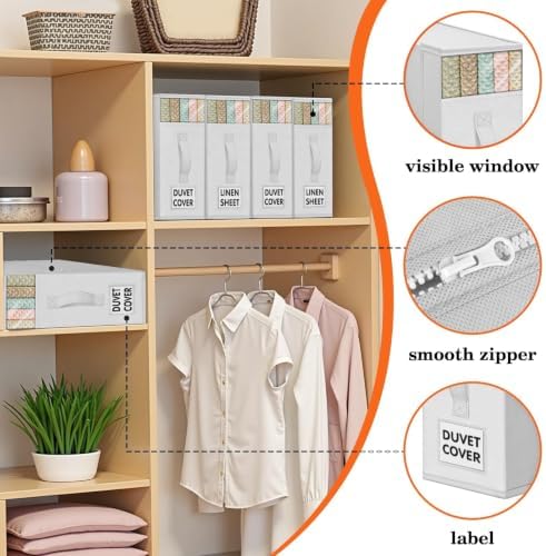 WOWBOX Sheet Organizers and Storage,Closet Bed Sheet Organizer Under Bed Storage and Organization with Label Cards & Clear Window for Bedding Sheets,Duvet Covers,Blankets (6 Pack，White) - Image 2