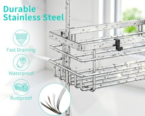 HapiRm Hanging Shower Caddy Organizer - No Drilling Shower Shelves with Hooks and Toothbrush Holder, Rustproof 304 Stainless Steel Bathroom Organizer - Silver - Image 3