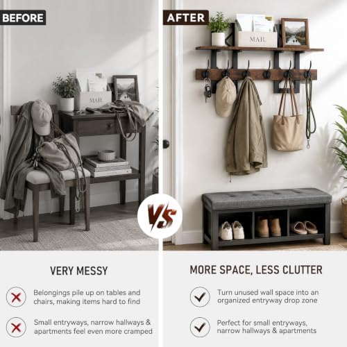 33.86" Wall Mounted Coat Rack with Shelf, Heavy Duty Entryway Wall Organizer with 6 Dual Hooks and Key Holder, Rustic Wood Coat Hanger for Coats, Bags, Hats, Hallway, Mudroom, Bathroom (Brown) - Image 5