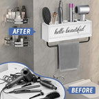 Hair Dryer Holder Wall Mounted, Hair Tools and Styling Organizer with Towel Bar, Farmhouse Beauty Hair Appliance Holder for Flat Iron, Curling Wand, Towel Rack (White) - Image 5