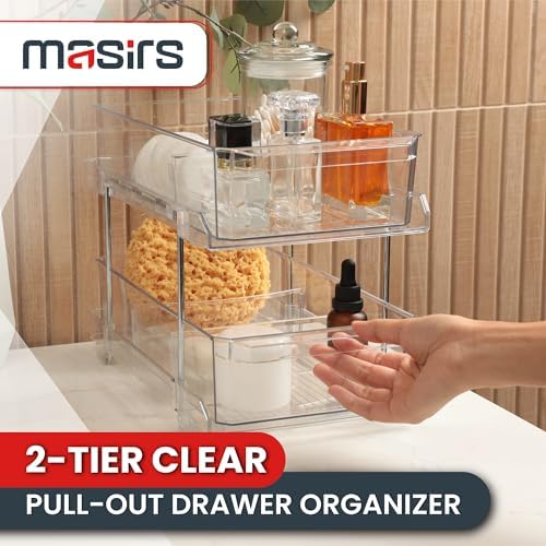 Masirs 2-Tier Clear Pull-Out Drawer Organizer - Sleek, Compact & Sturdy Makeup and Closet Organizer - Easy Assembly Kitchen Storage Solution, Ideal for Makeup, Tools, Medicines & Snacks - Image 2