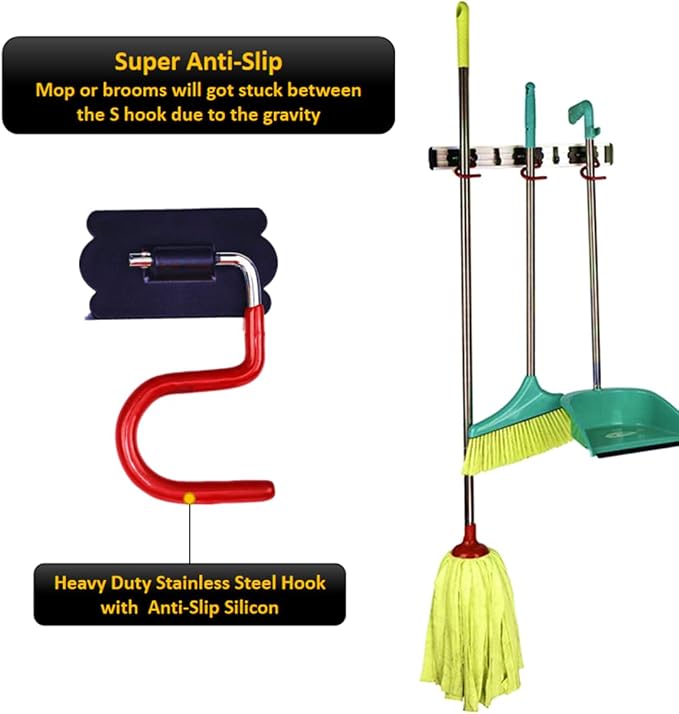 Wall Mounted Mop and Broom Holder Stainless Steel S Type Broom Rack Anti-Slip Mop Organizer (16.5 Inches,3 Positions 2 Hooks, Red black) - Image 4