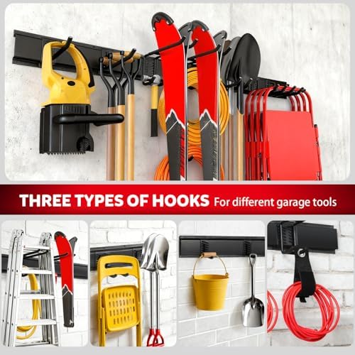 64 Inches Garage Tool Organizer Wall Mount, Tool Storage Rack Wall Mount, Heavy Duty Garden Wall Organizer System for Yard, garage and Shed, Tool Holder for Hanging Rake Snowboard Broom Mop - Image 5