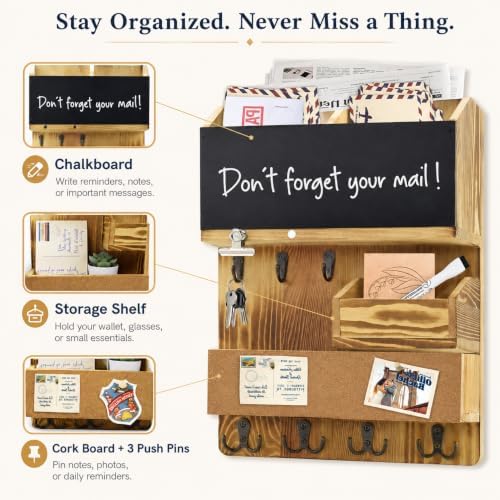 Mail Organizer Wall Mounted with Key Holder, Shelf, Light Wood - Image 4