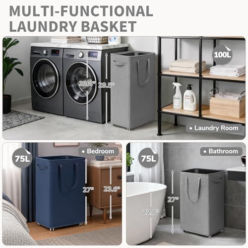 CHICVITA 100L Slim Laundry Basket with Wheels & Wash Bag, Light Grey - Image 6