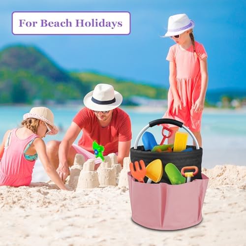 17L Cleaning Supply Caddy for Family, Portable Shower Caddy with Handle and 6 Pockets, Foldable Tool Bucket Organizer, Large Storage Basket for Camping, Gardening, Black with Pink - Image 3