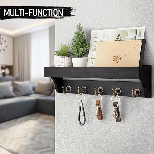 Rebee Vision Key Holder Wall Mount with Shelf & 5 Hooks for Entryway, Black - Image 3