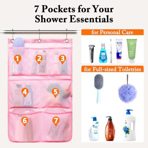 Fammart Mesh Shower Caddy Hanging, Quick-Drying Shower Organizer with 7 Pockets, Portable Bathroom Organizers and Storage for Shampoo, Soap, Loofah, Travel, and Cruise Essentials - Image 2