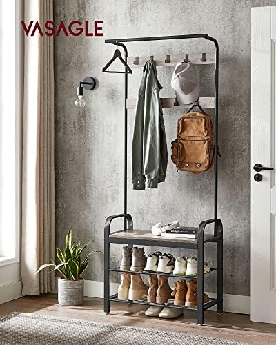 VASAGLE Coat Rack, Hall Tree with Shoe Bench, 4-in-1, 9 Removable Hooks - Image 2