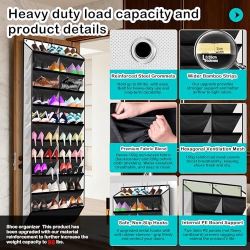 Kotkn 10-Tier Over the Door Shoe Organizer, 20 Pockets Holds 20-30 Pairs, Heavy-Duty Oxford Fabric with Hexagon Mesh for Boots & Sneakers-White - Image 3