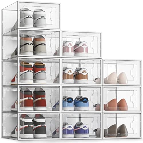 SEE SRPING XX-Large Shoe Storage Box Fit Size 14, Clear Plastic Stackable Shoe Organizer for Closet, Shoe Rack Sneaker Containers Bins Holders, Drawer Organize Unit, 12 Pack Clear by SEESPRING