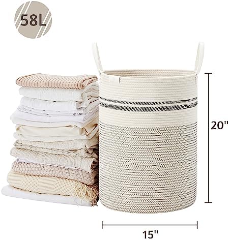VIPOSCO 58L Tall Woven Rope Laundry Hamper, Leather Handles, Stripe White - Image 5