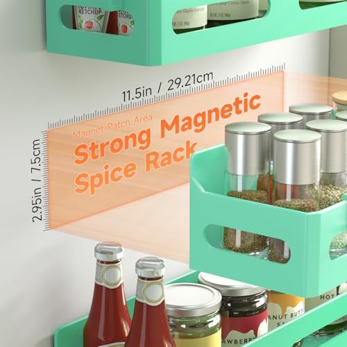 Sevenblue 4-Pack Magnetic Spice Rack for Refrigerator with Hooks, Green - Image 2