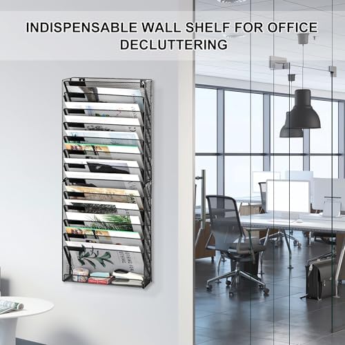 EasyPAG Wall File Holder 14 Tier Mesh Hanging Folder Organizer with Flat Tray Wall Mounted Mail Organizer Magazine Paper Desk Shelf with Nametag Label for Office Home School, Black - Image 5