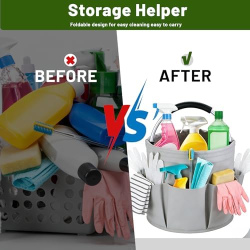 17L Foldable Cleaning Caddy with Handle - Portable Oxford Fabric Storage Bucket, Organiser for Cleaning Supplies, Toiletries, Home, Garden, Picnic & Beach (Apricot Gray) - Image 3