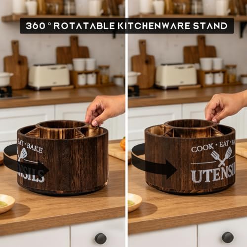 Wood Rotating Utensil Holder for Kitchen Countertop, 360° Lazy Susan Kitchen Utensil Organizer with 5 Compartments, Wooden Spatula Spoon Fork Storage Rack, Rustic Farmhouse Cooking Tool Holder - Image 3
