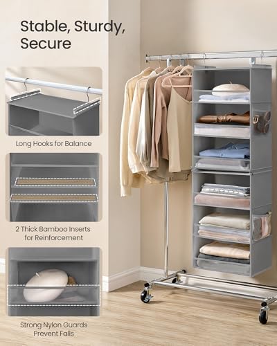 SONGMICS Widended Hanging Closet Organizer and Storage, 6-Tier, Separable | Foldable,Fabric Storage Shelf with 4 Side Pockets, Metal Hooks and Bamboo Inserts, Dove Gray, TINA Collection URCH007G01 - Image 5