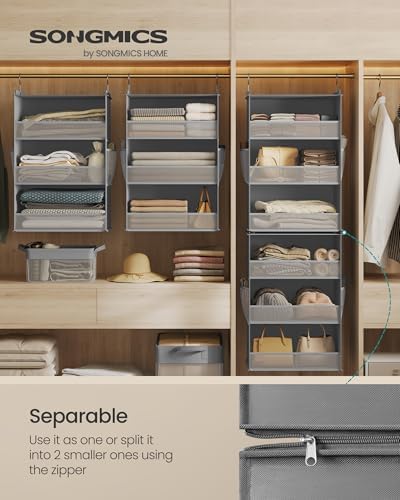SONGMICS Widended Hanging Closet Organizer and Storage, 6-Tier, Separable | Foldable,Fabric Storage Shelf with 4 Side Pockets, Metal Hooks and Bamboo Inserts, Dove Gray, TINA Collection URCH007G01 - Image 3