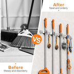 CUXIXA Mop and Broom Holder Wall Mount, Upgraded Broom Organizer Wall Mount, Stainless Steel Broom Hanger Wall Mount for Home Kitchen Garden Laundry Garage (4 Racks with 5 Hooks Silver) - Image 2