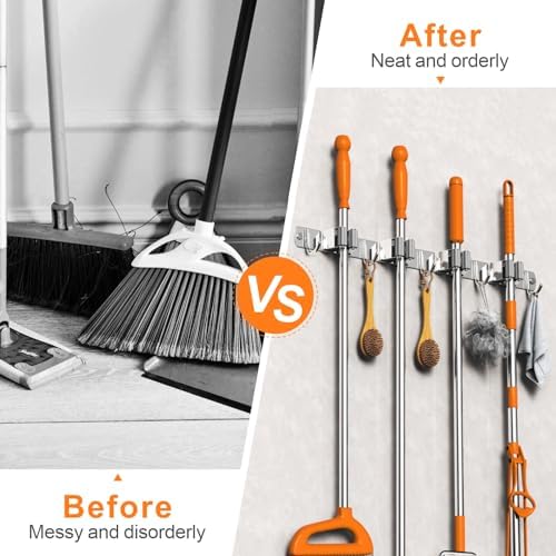 CUXIXA Mop and Broom Holder Wall Mount, Upgraded Broom Organizer Wall Mount, Stainless Steel Broom Hanger Wall Mount for Home Kitchen Garden Laundry Garage (4 Racks with 5 Hooks Silver) - Image 2