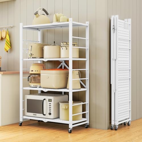 Fenbeli Foldable Shelves with Wheels - 4 Tier Folding Shelf, Collapsible No Assembly Metal Shelving Unit, Origami Storage Shelves & Rolling Storage Rack with 8 Hooks for Kitchen Pantry Garage - Image 4