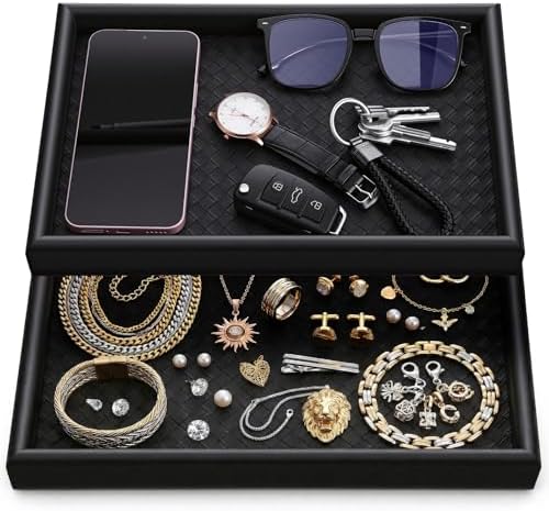 2Pcs Wooden Valet Tray with Leather Base, 11.8 x 7.87inches Entryway Bedside Dump Holder Nightstand Catchall Organizer for Perfume Watch Wallets Keys Watches Jewelry & Sunglasses by Unknown
