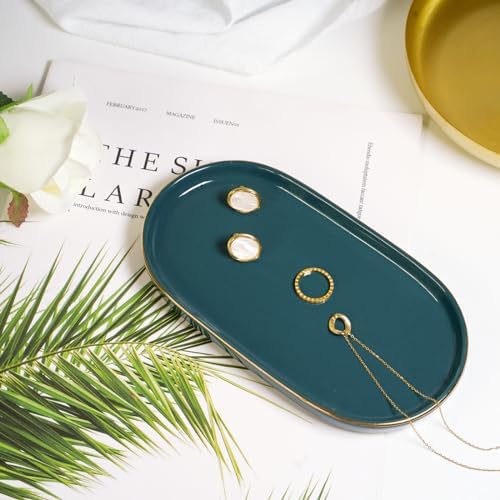Ceramic Jewelry Dish, Perfume Vanity Tray, 7x4 Decorative Catch All Bowl for Trinket Key Ring, Small Bathroom Counter Tray, Soap Tray for Kitchen Sink (Green) - Image 2