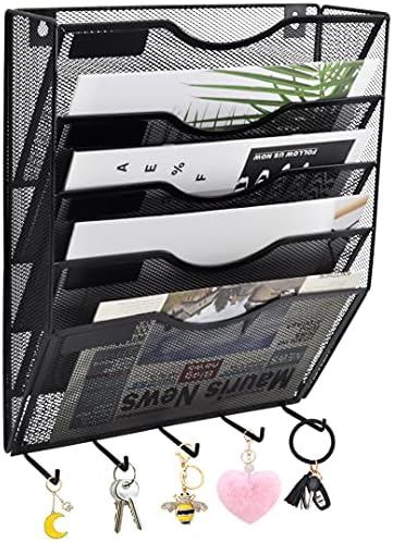 EASEPRES 5 Pocket Mesh Hanging File Organizer with Key Holder Hooks & Nametag Label, Wall Mounted Mail Paper Document Folder Storage Organization Magazine Rack for Office Cubicle, 5 Tier Black by EASEPRES