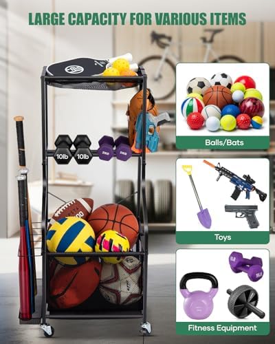 EXTCCT Garage Sports Equipment Organizer, Rolling Ball Storage Cart - Image 2