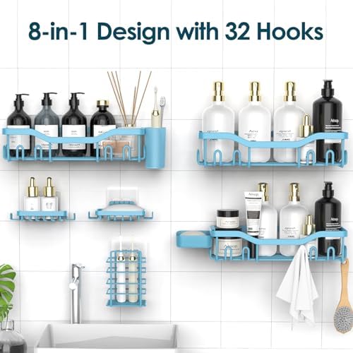 NESOMI Shower Caddy Adhesive Shower Organizer 8-Pack, Rustproof Stainless Steel Bathroom Shelves, Large Capacity No-Drill Rack Storage Accessories with Soap Dish Toothbrush Holder Hooks - Image 4