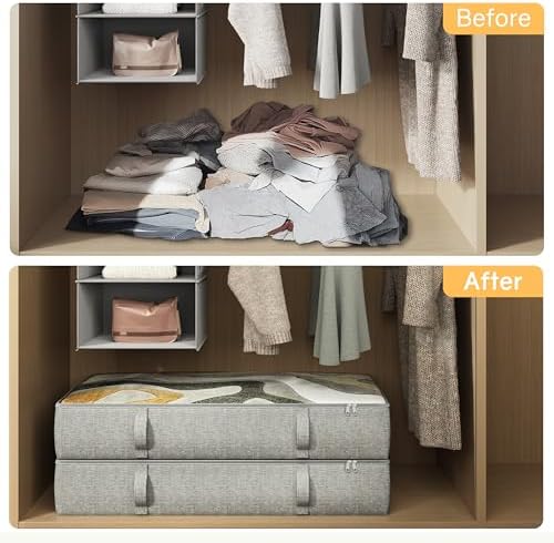 2-Pack Under Bed Storage Containers, 8 Inches Tall Clothes Storage, Gray | Large Capacity Collapsible Underbed Organizer with Sturdy Sidewalls/Bottom, Cotton Linen Bins, For Seasonal Clothes & Bedding - Image 5