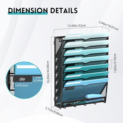 8-Tier Wall File Organizer and Mail Organizer with 5 Hooks, Black - Image 2