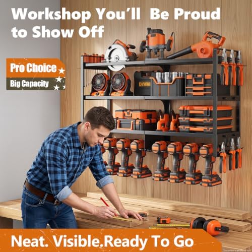 Large Power Tool Organizer Wall Mount,4 Layer Heavy Duty Metal Tool Storage Rack Loads 300lbs with 8 Cordless Drill Holder, Utility Rack Loads, Garage Storage, Gift for Men - Image 6