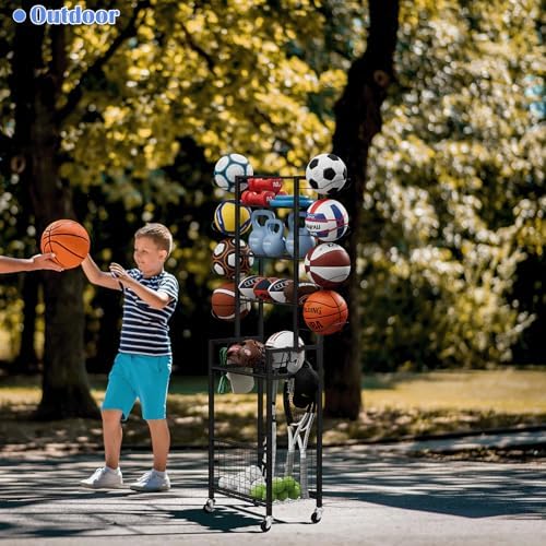 OYEAL Freestanding Ball Rack with Wheels Garage Basketball Storage Cart Outside Sports Equipment Organizer Ball Holder with Storage Baskets for Basketball, Soccer, Volleyball, Football, Black - Image 5