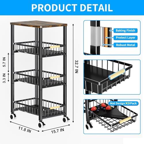 Fruit Vegetable Storage Basket for Kitchen, 4 Tier Large Pull-Out Metal Wire Baskets with 3 Pack Mats Bottom, Wood Top and Wheels, Vegetable Produce Bins Stand Cart Rack for Onions and Potatoes - Image 5